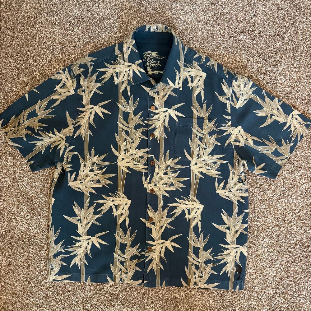 Jamaican Jaxx Silk Hawaiian Print Shirt Blue Bamboo Camp Collar Tropical Aloha